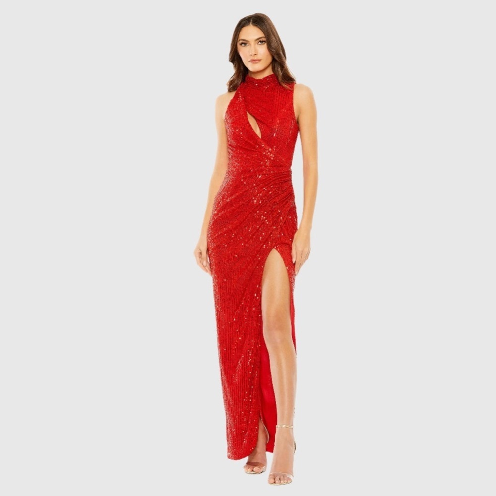 Nwt Mac Duggal Red Sleeveless High Neck Gathered Waist Sequin Gown Size 0
